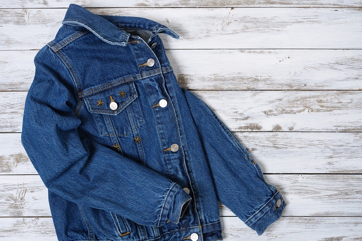 womens denim jacket with grey sleeves and hood